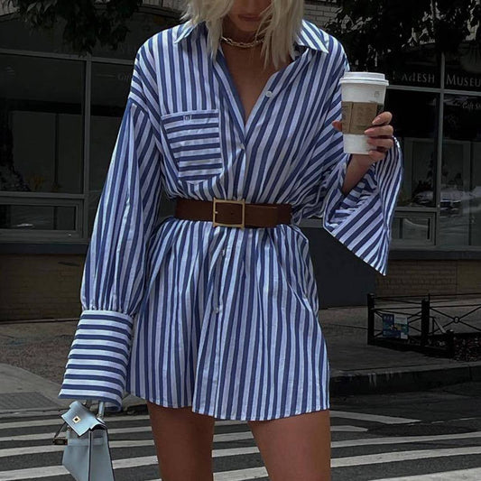 LOOSE FASHION STRIPED PATCHWORK SHIRT DRESS