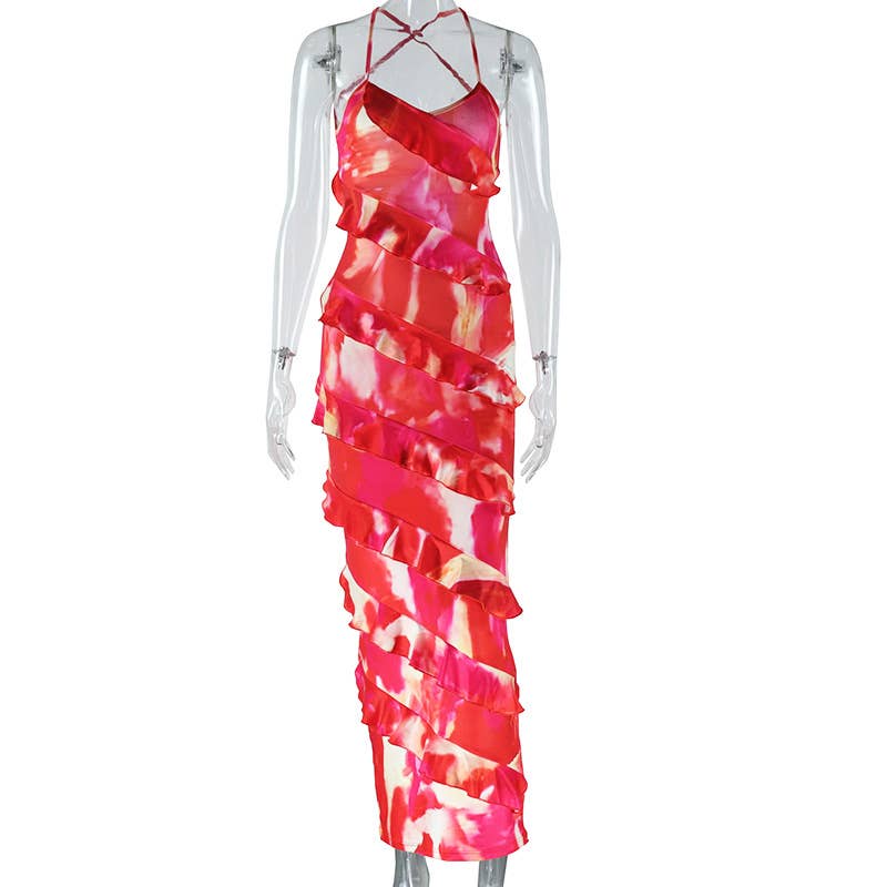 PRINTED SEXY HALTER HALTER IRREGULAR DRESS