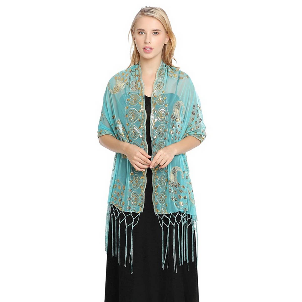 PEACOCK EMBROIDERED SEQUINED TASSEL CAPE_CWASC1077