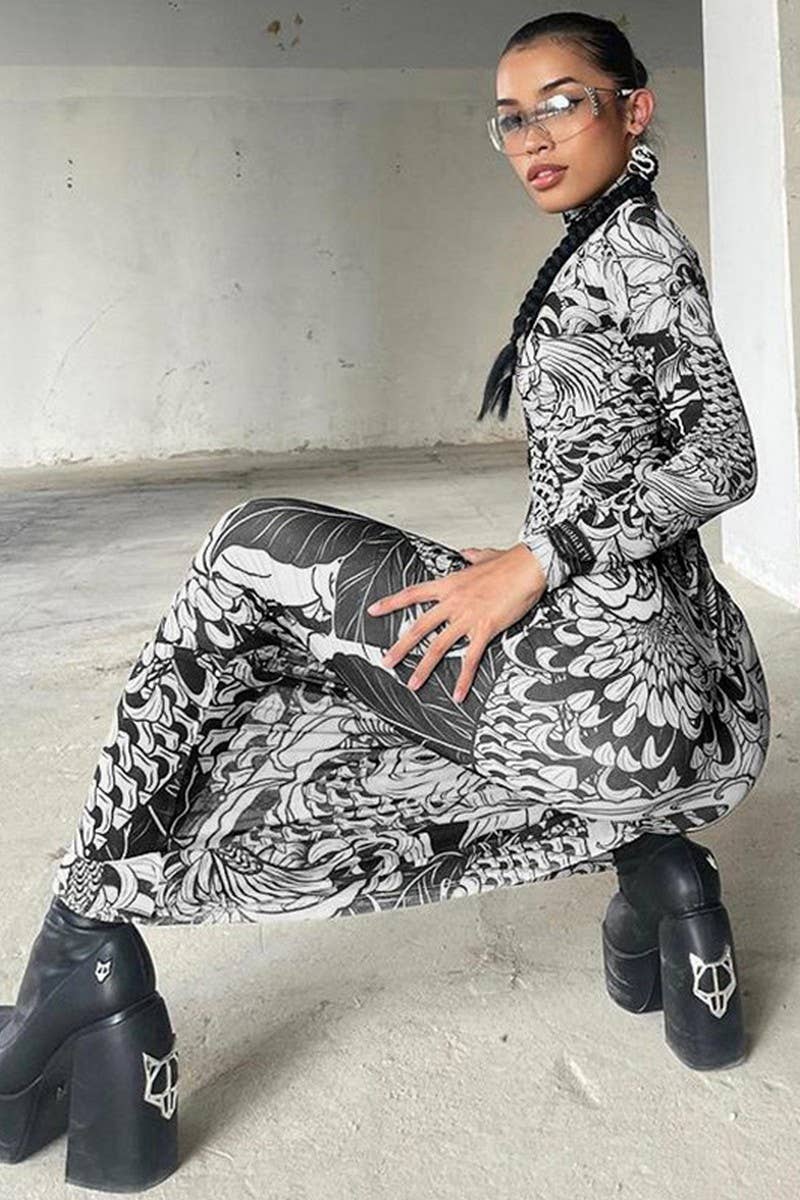 CWDMD6429_FASHION MESH SEE-THROUGH HIGH COLLAR SLIM DRESS_