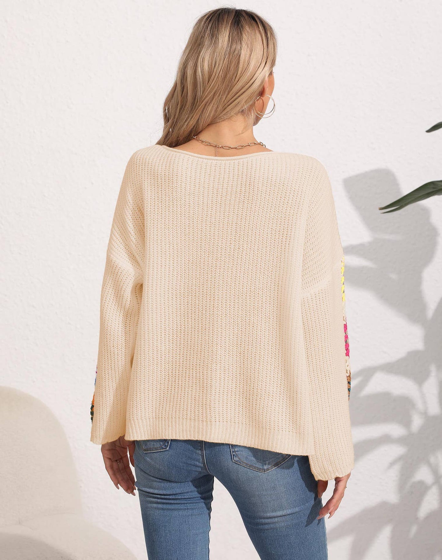 Line neck off-the-shoulder crochet sweater