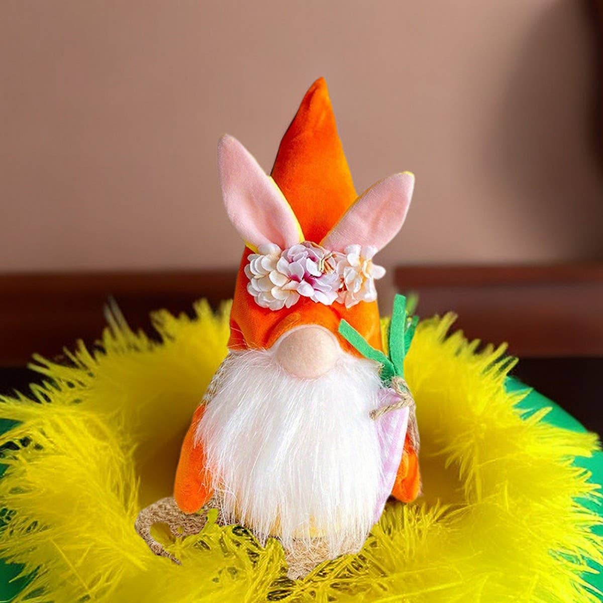 EASTER BUNNY GNOME HOLDING A BOUQUET OF FLOWERS