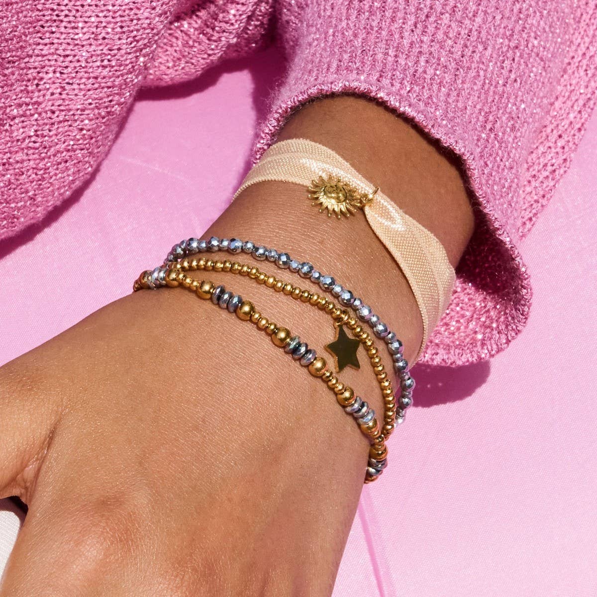 Punk Rock 18K Gold Black Silver Beaded Bracelet_CWAJE4810