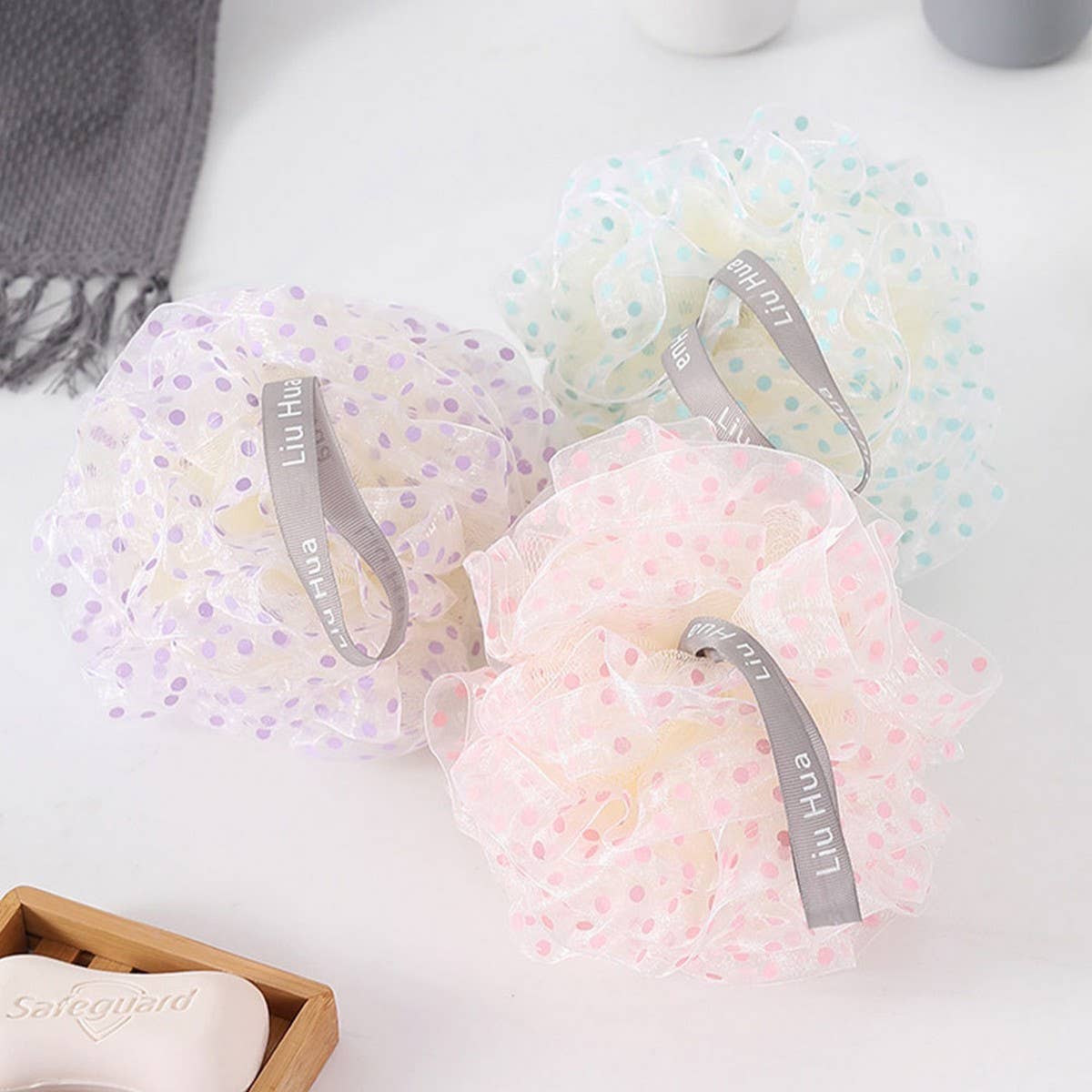 50G POLKA DOT BATH BALL BATH FLOWER BATH POUF_CWMM3339