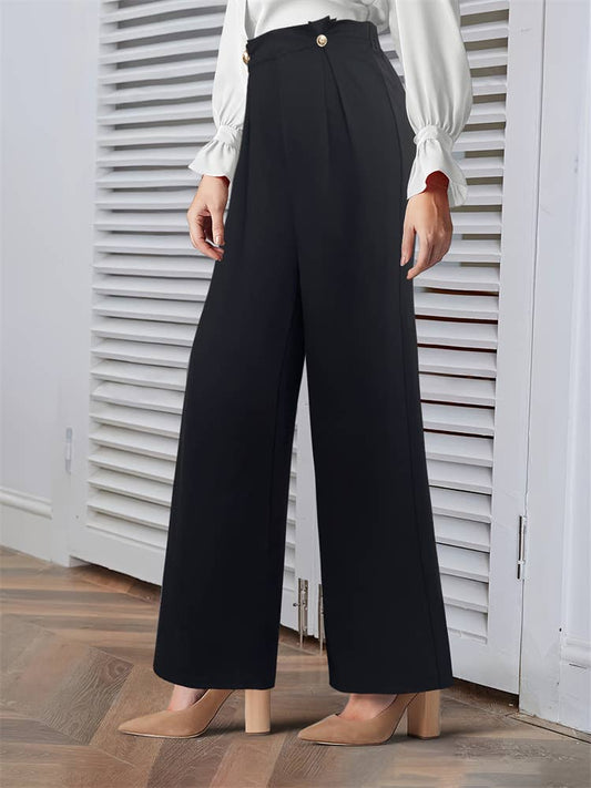 Solid color button-knit stretch wide-leg pants