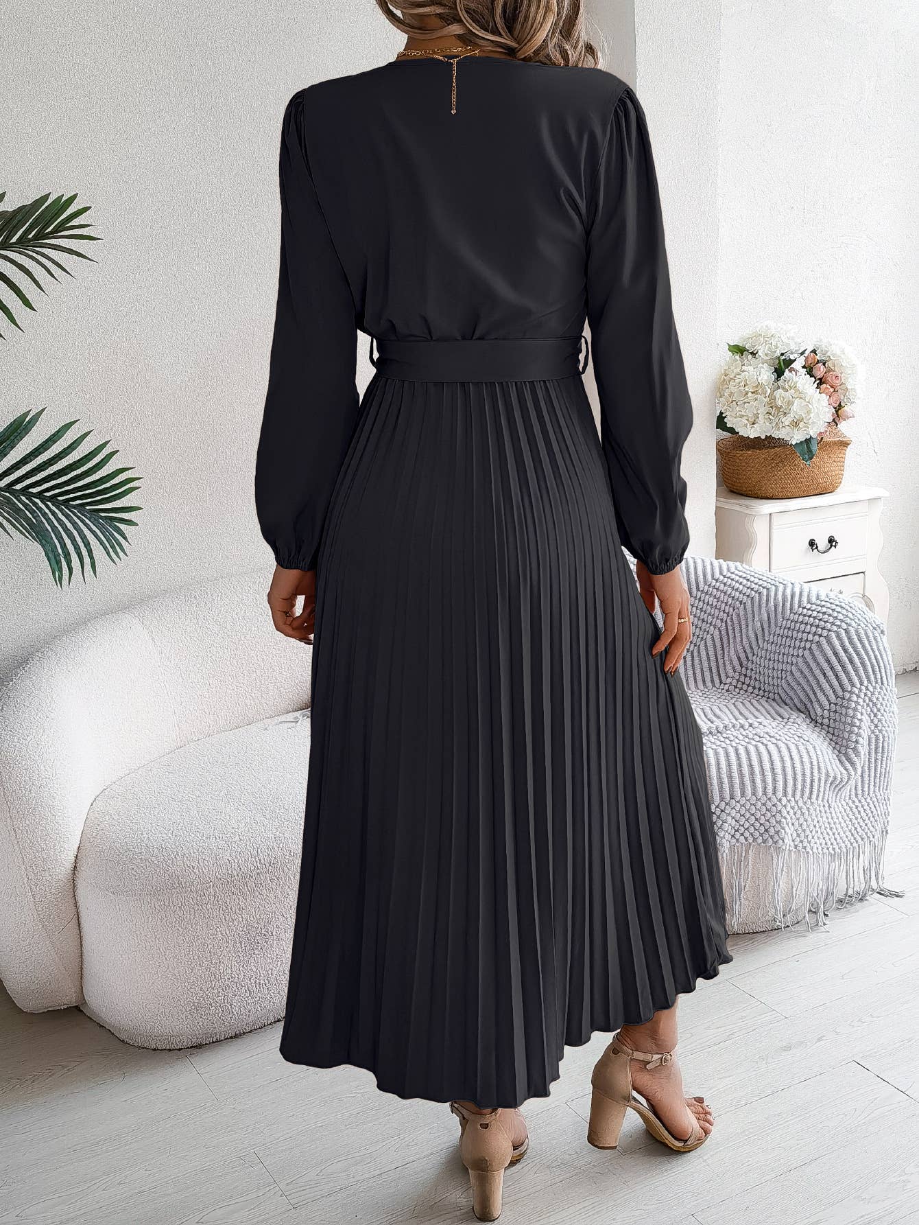 V-NECK BUTTON-UP LONG PLEATED DRESS