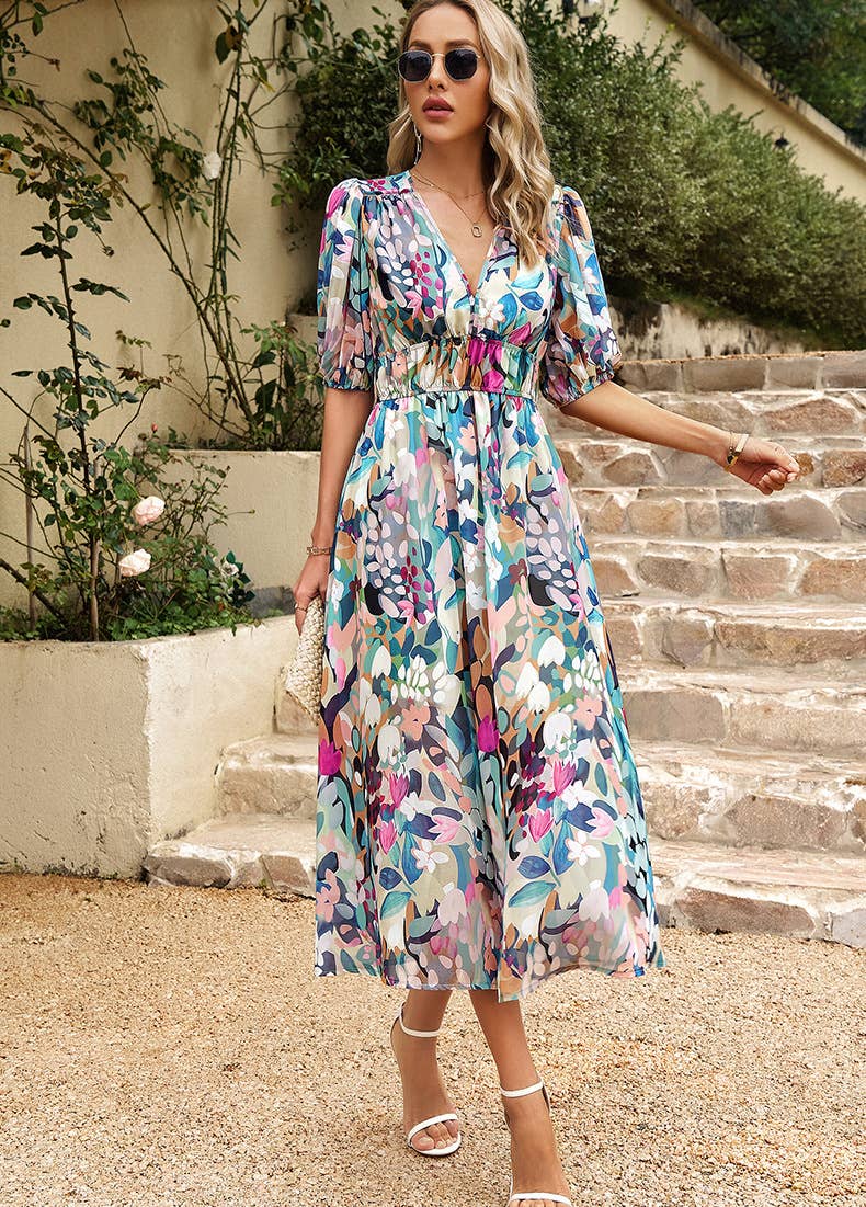 Elegant Waist-Cinched Asymmetrical Floral Dress