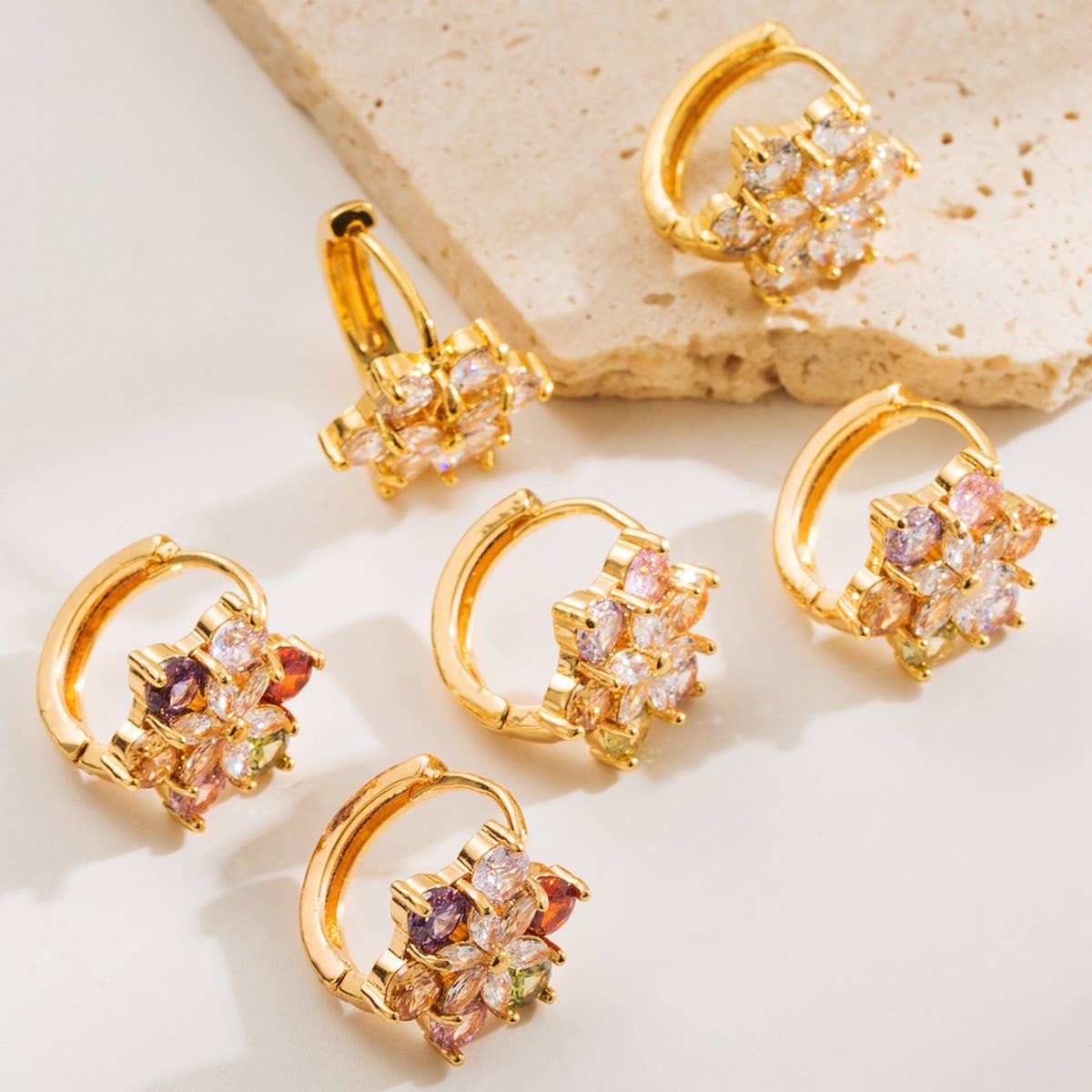 Colorful Flower CZ Hoop Earrings Gold-Plated Brass