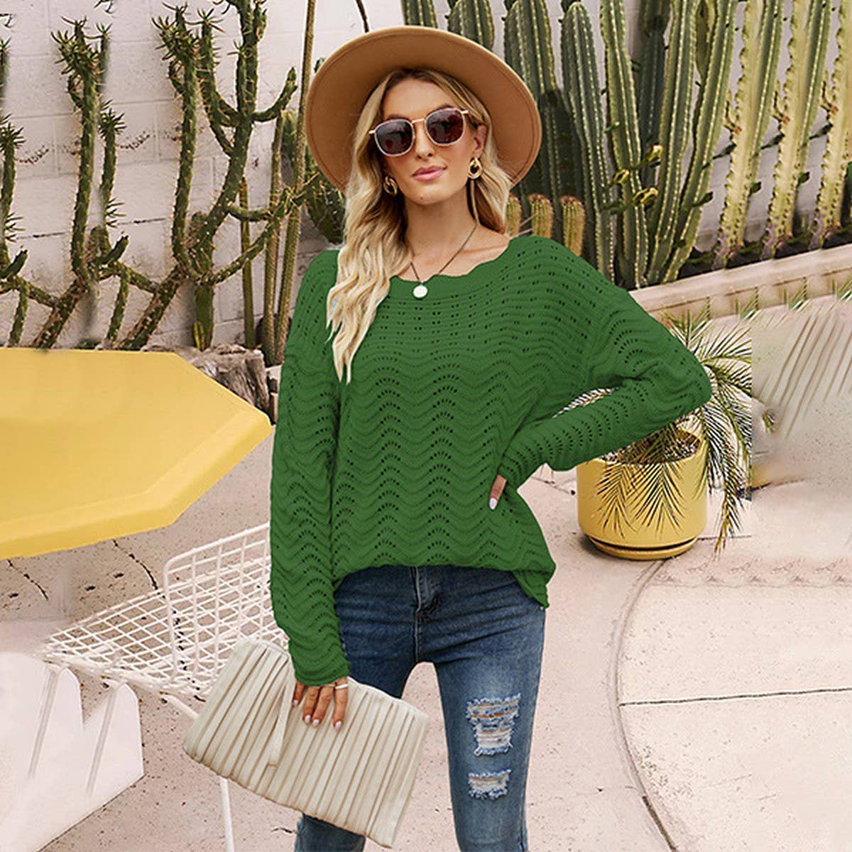 Hollowed-out pullover lace line neck sweater