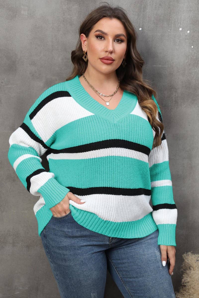 CWOSWL1583_PLUS Size V-Neck Long Sleeve Pullover Sweater
