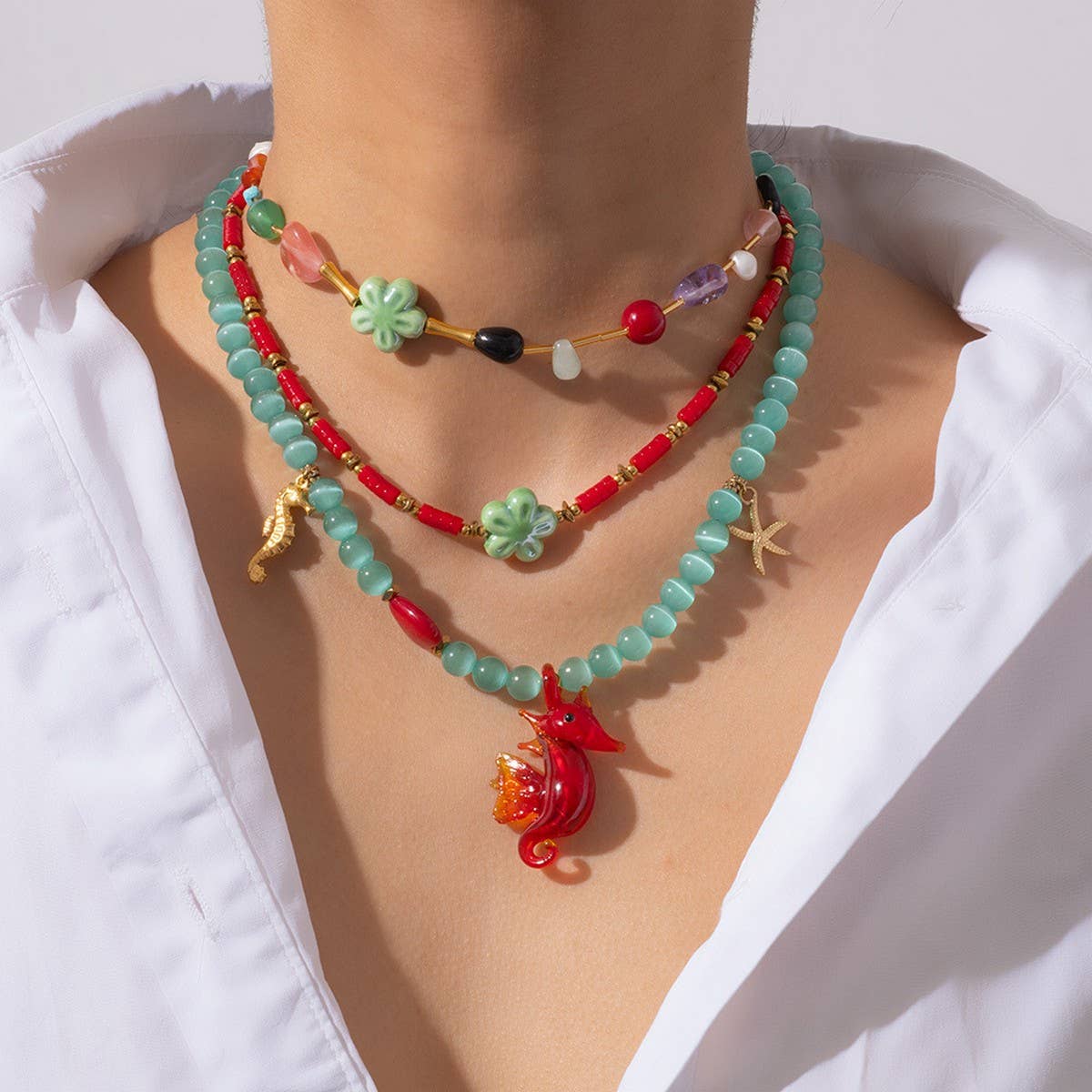 Colorful Gem Seahorse Starfish Pendant Necklace