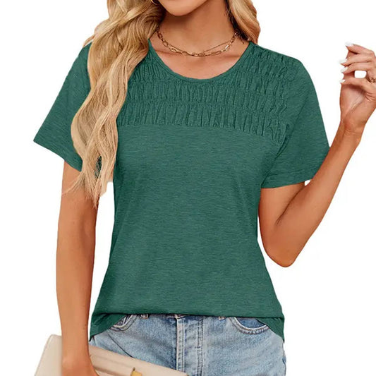 SOLID COLOR ROUND NECK PLEATED SHORT SLEEVE TOP