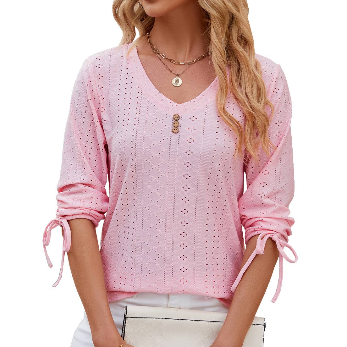 V-neck seven-point sleeved drawstring loose shirt