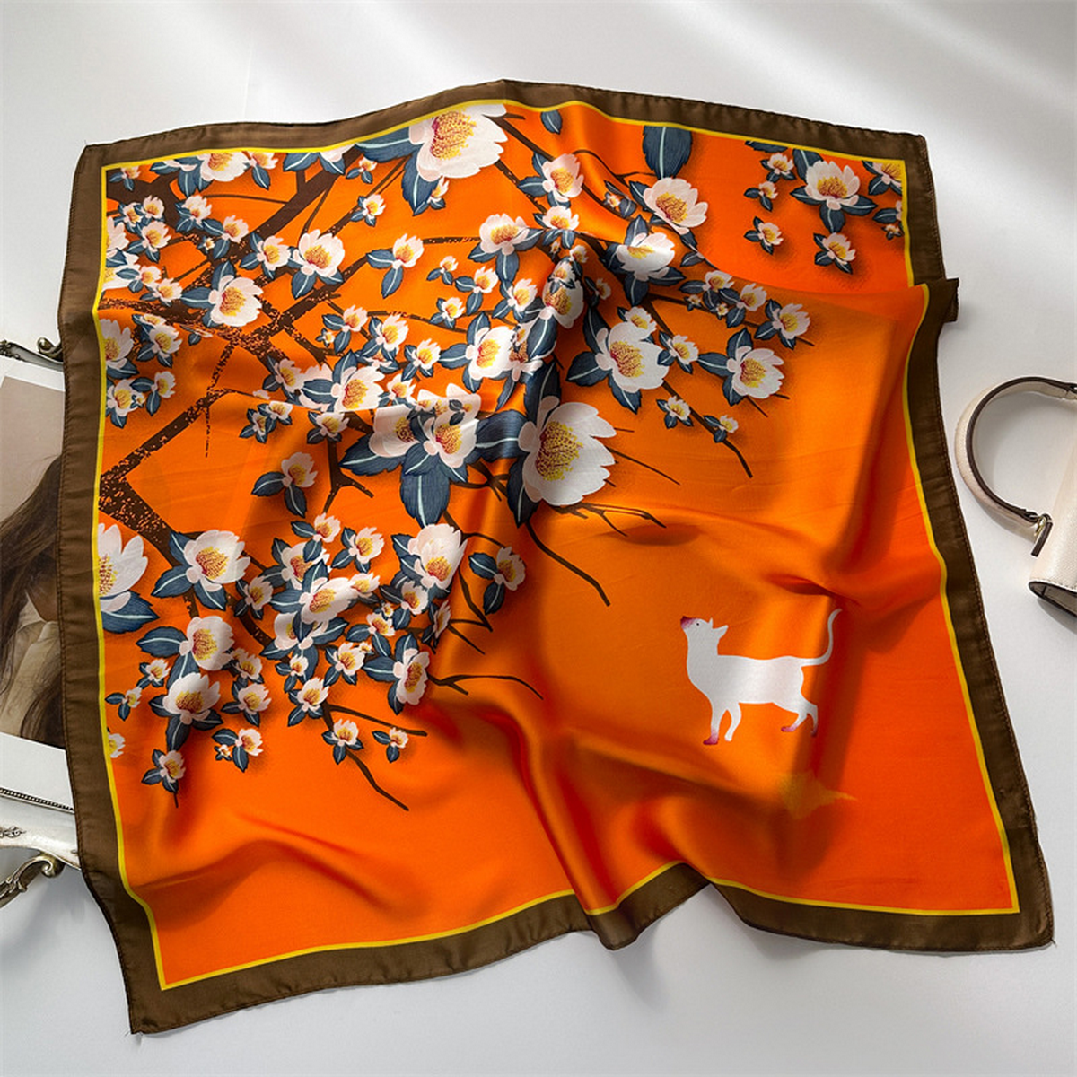 Lily Print Satin Square Scarf for Summer Sun