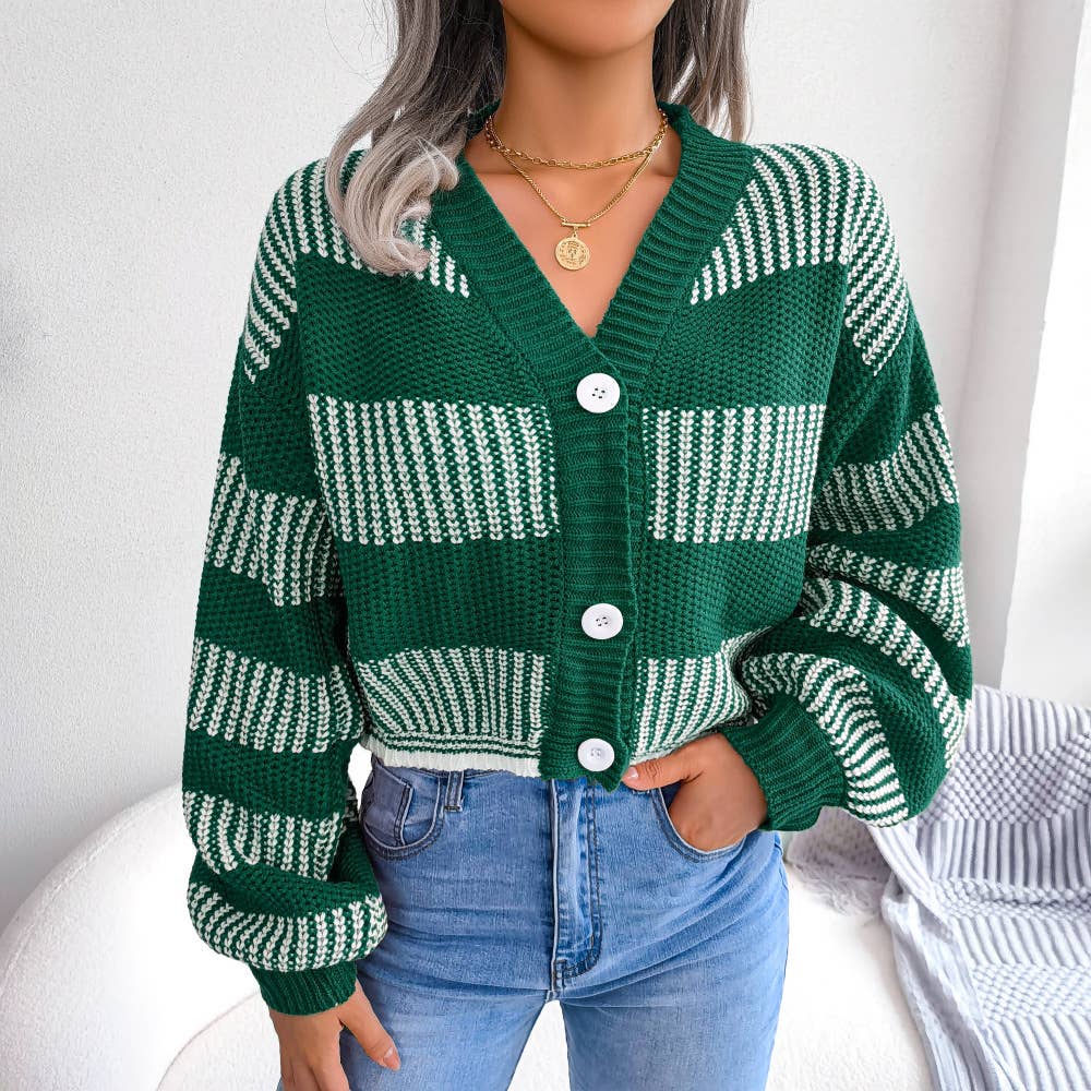 Striped lantern sleeve cardigan jacket