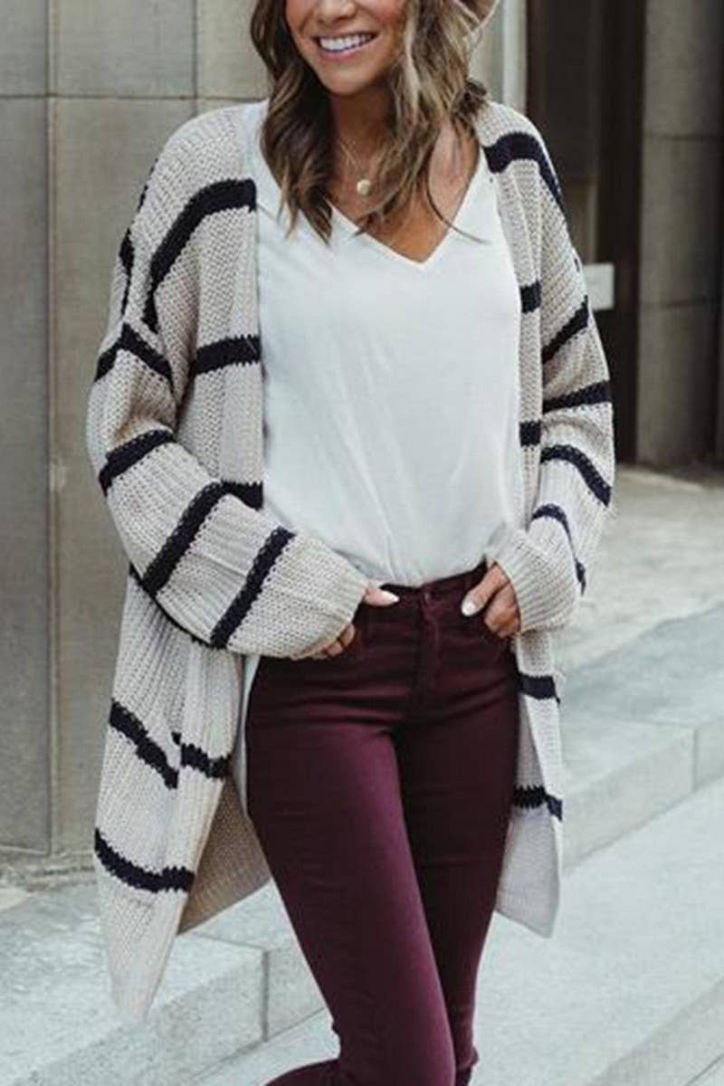 Striped women's loose long unbuttoned knit cardigan