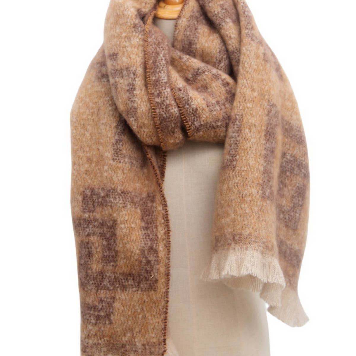 Greek Key Jacquard Scarf ? Fringe Winter Wrap