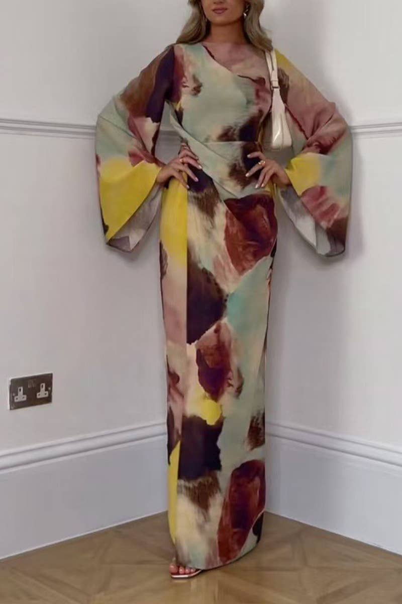 CWDMD5475_PLEATED PRINTED TRUMPET SLEEVE MAXI DRESS