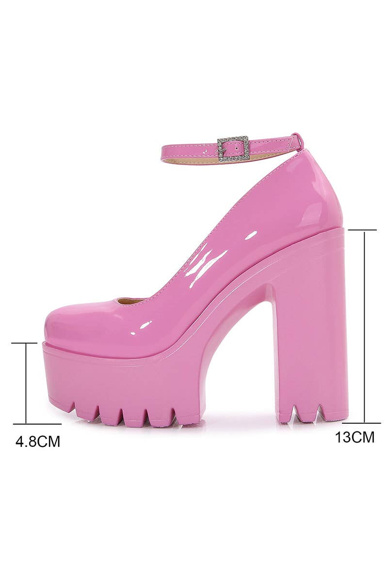 WOMEN PINK CHUNKY HEELED ANKLE STRAP ROUND PUMPS