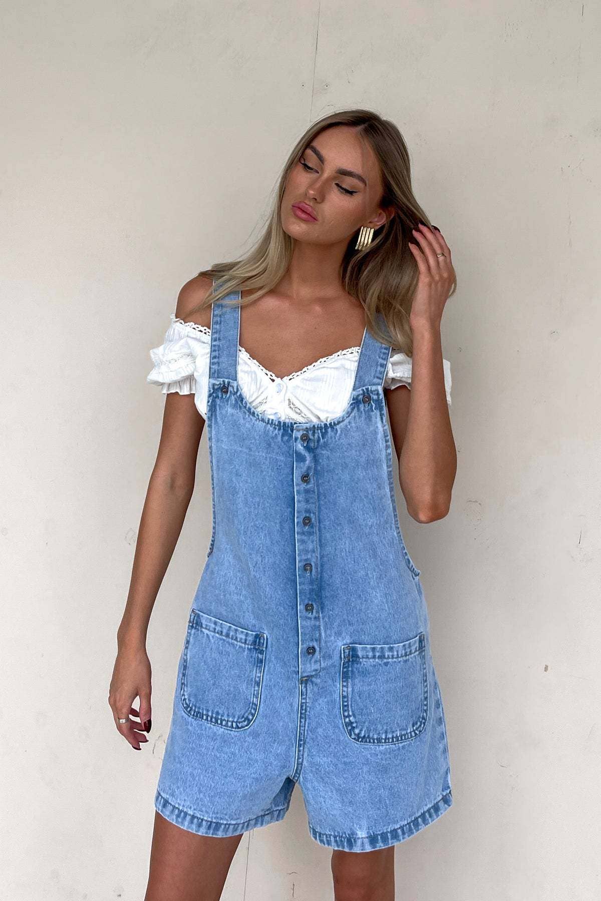 Wash denim rompers with adjustable suspenders