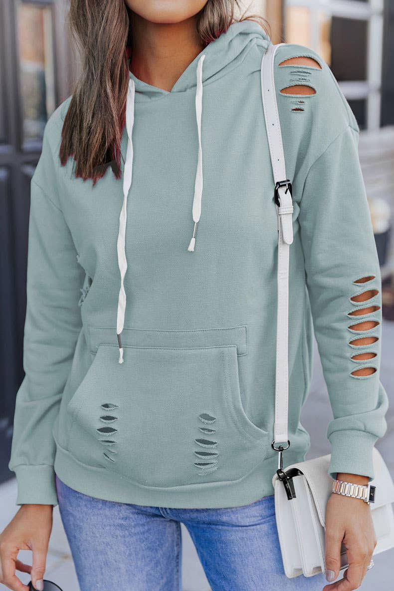 SOLID COLOR ALL-IN-ONE RIPPED HOODIE JUMPER