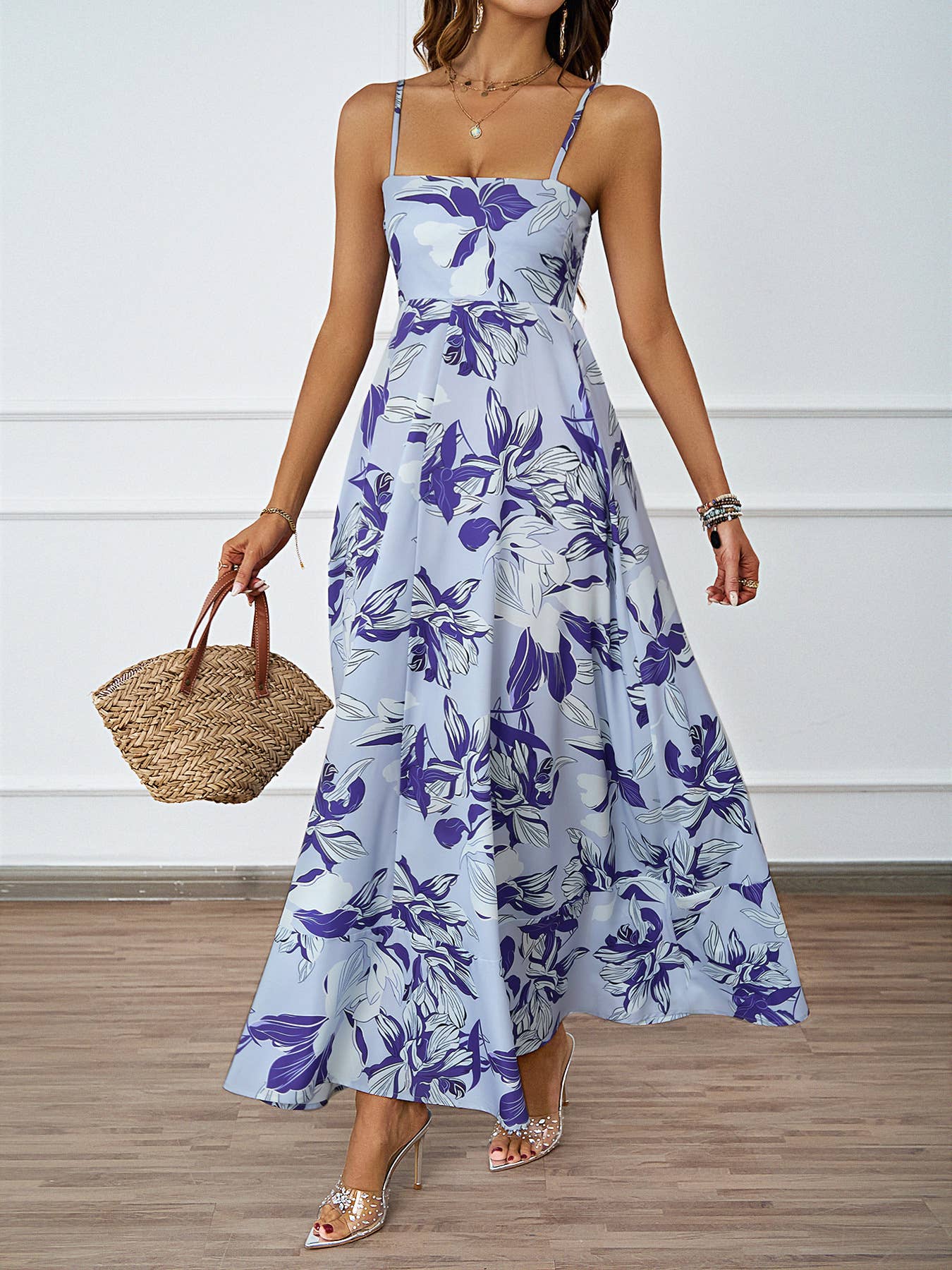 PRINTED HALTER HALTER HIGH-WAISTED A-LINE DRESS