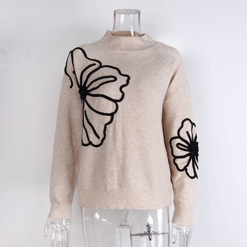 Three-dimensional flower high-neck sweater