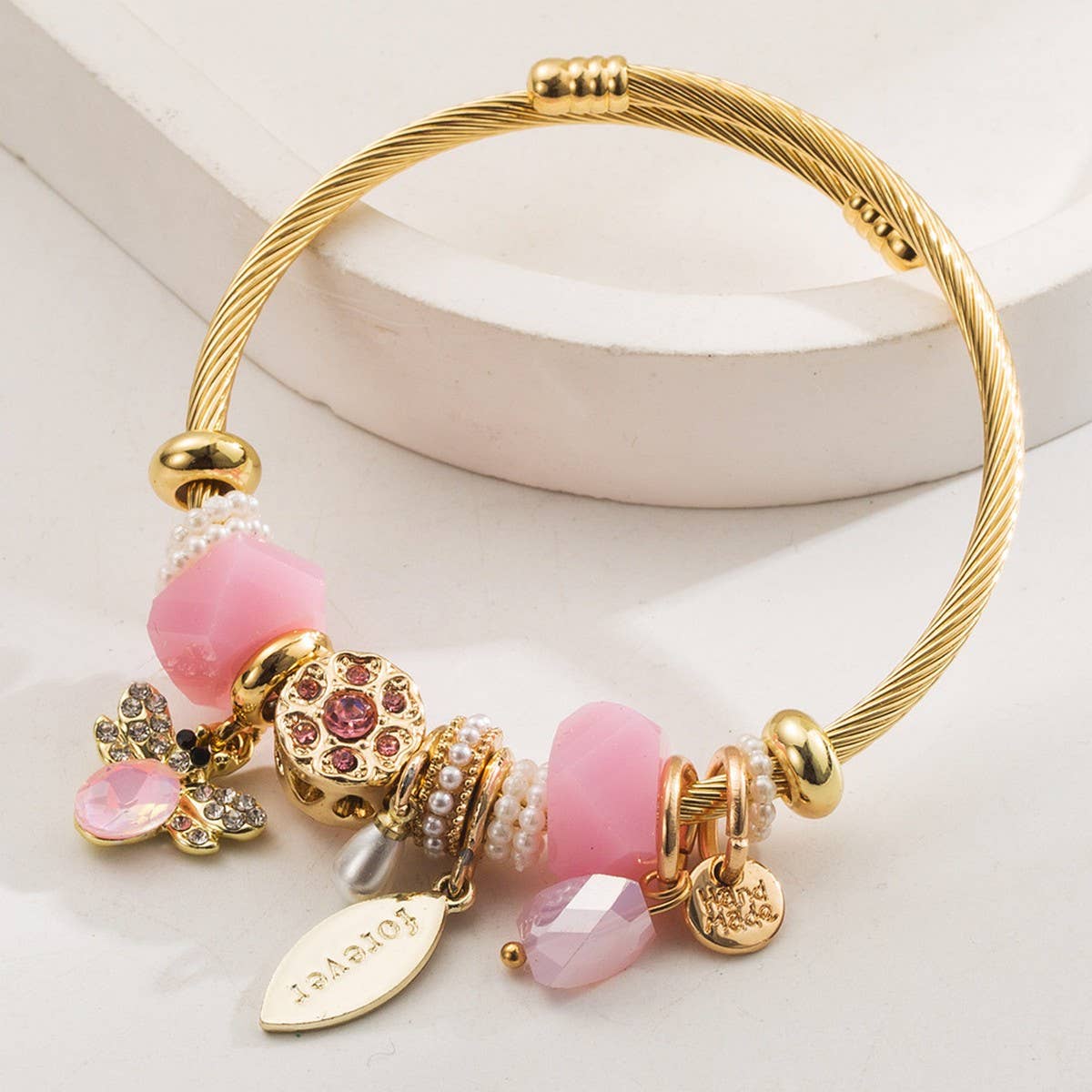 Trendy Stainless Steel Beaded Bee Charm Bracelet