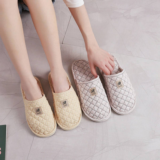 Plaid Cotton Closed-Toe Slippers with Rubber Sole_CWSHF0201