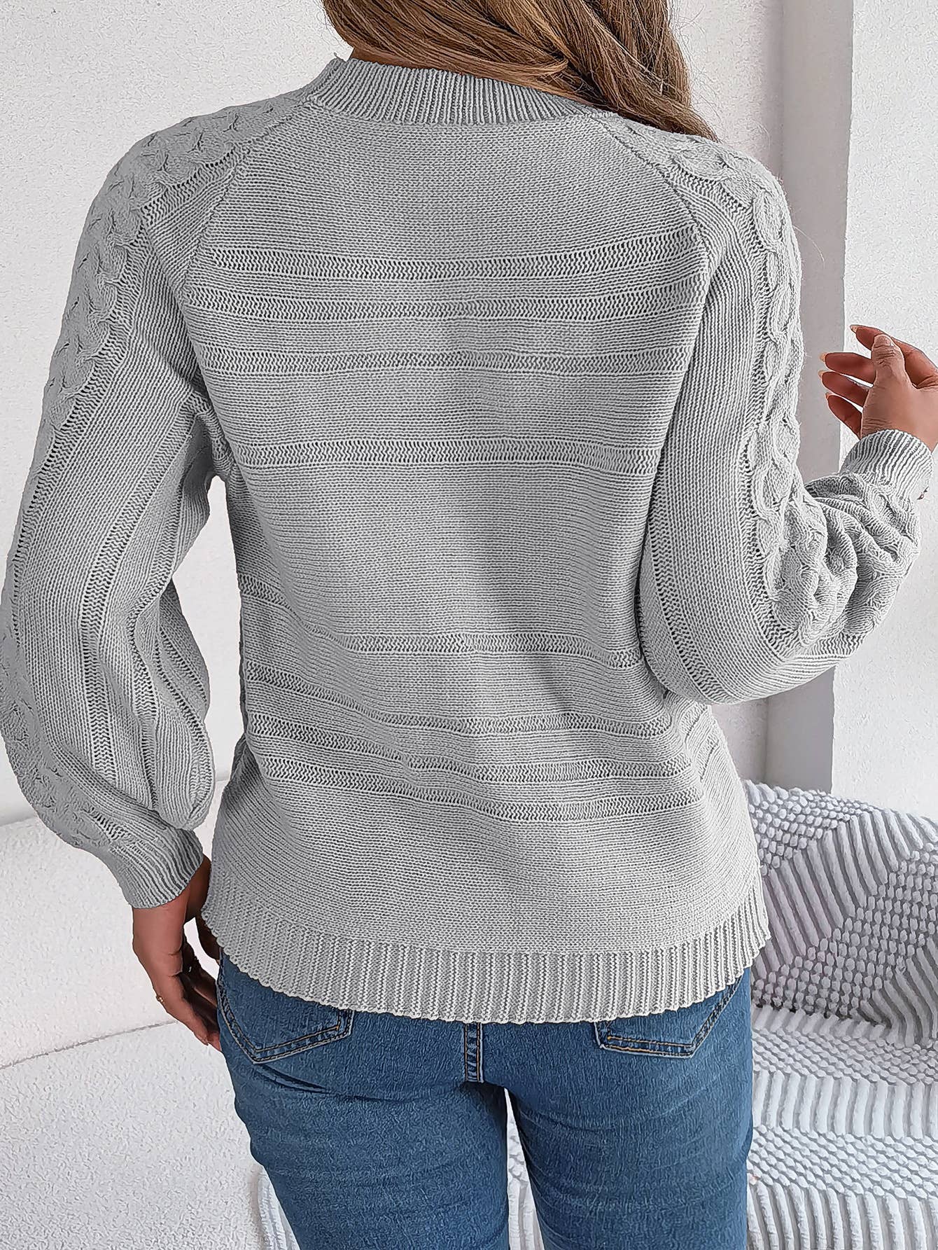 TWIST BUTTON LANTERN SLEEVE PULLOVER SWEATER