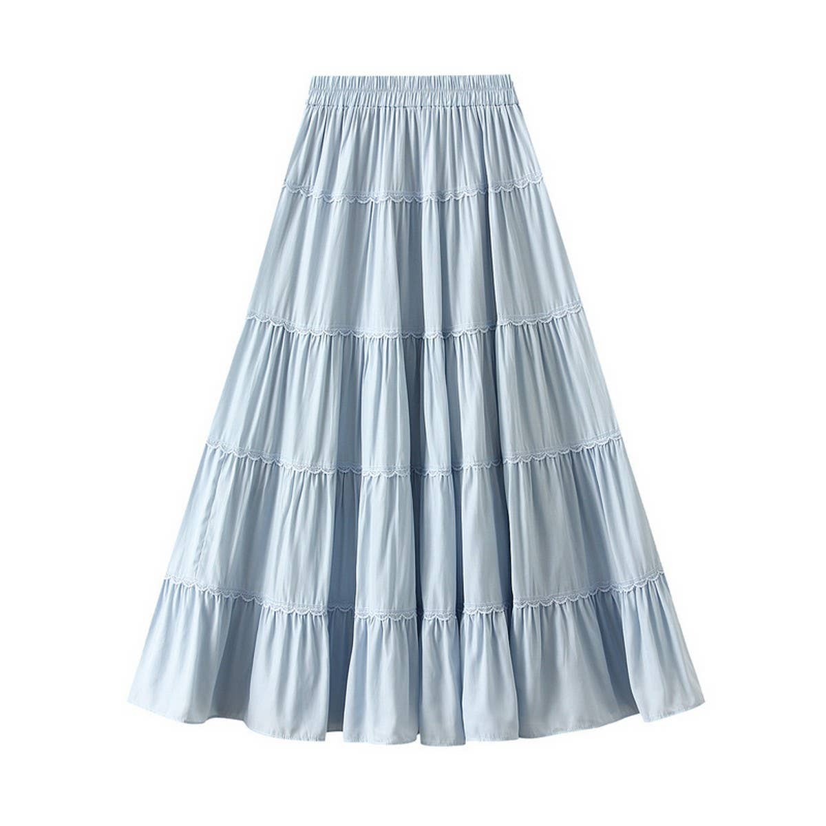High-Waist Lace Trim A-Line Tiered Maxi Skirt