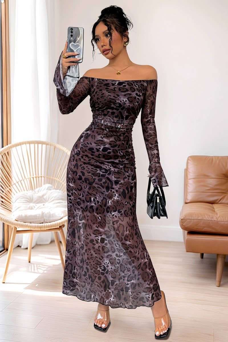 CWDMD6282_OFF-SHOULDER MESH LEOPARD PRINT LONG SLEEVE DRESS