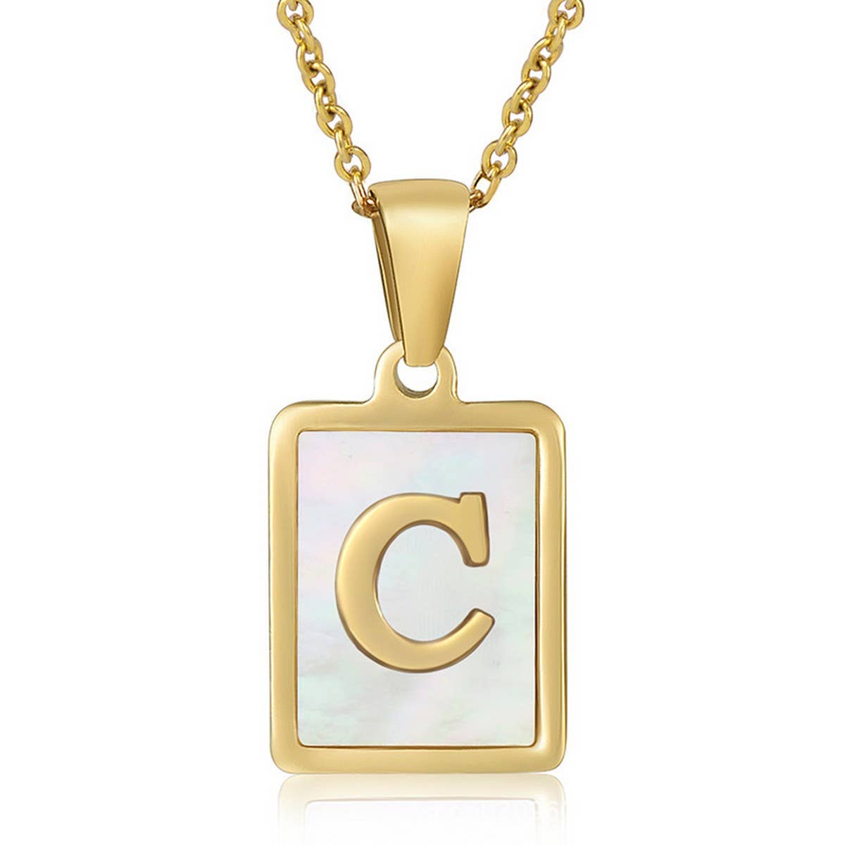 CWAJE1917_Square Stainless Steel White Shell Letter Necklace