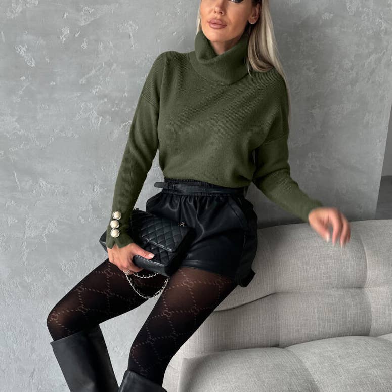 STRIPED TURTLENECK CUFF BUTTON CASUAL SWEATER