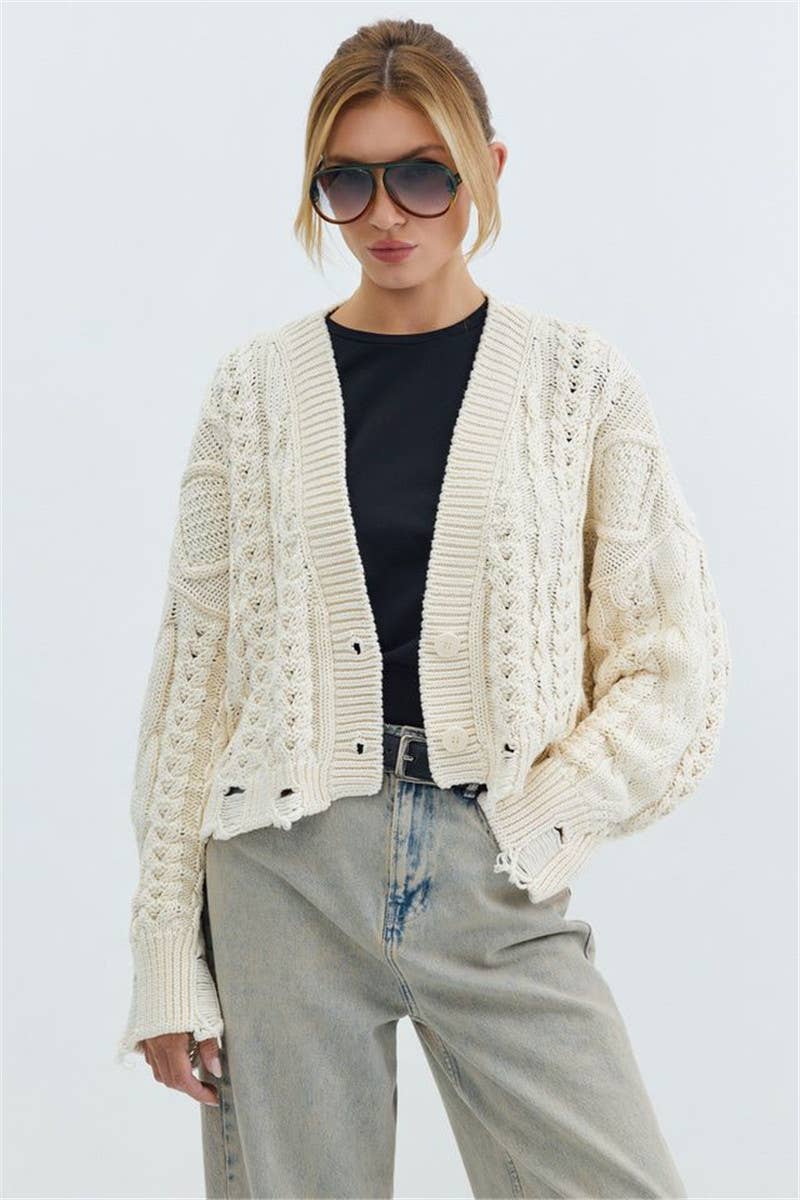 V-NECK SOLID COLOR TWIST SINGLE BREASTED CARDIGAN