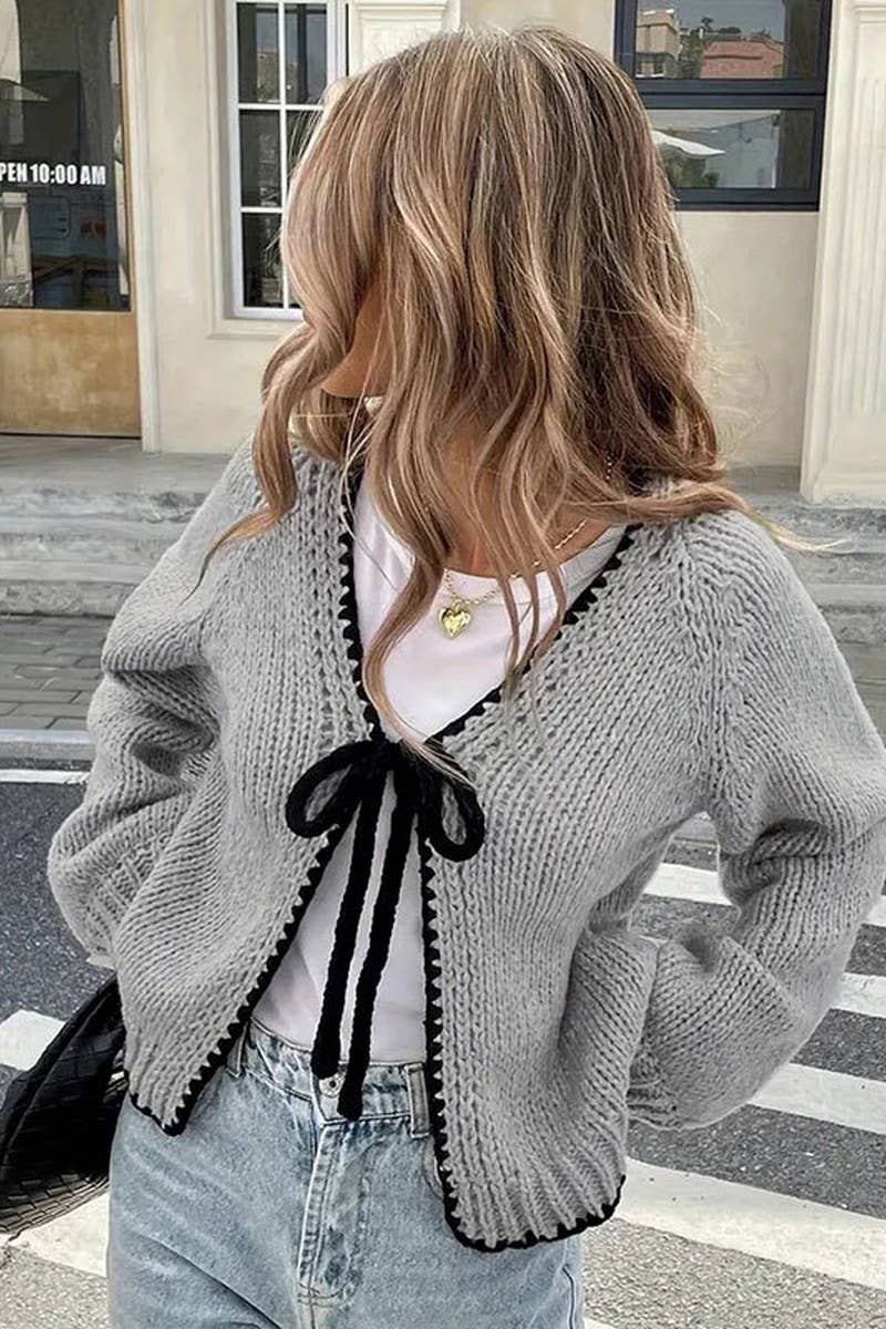 CWOCAL00698_LOOSE KNIT LONG SLEEVE BOW TIE CARDIGAN TOP