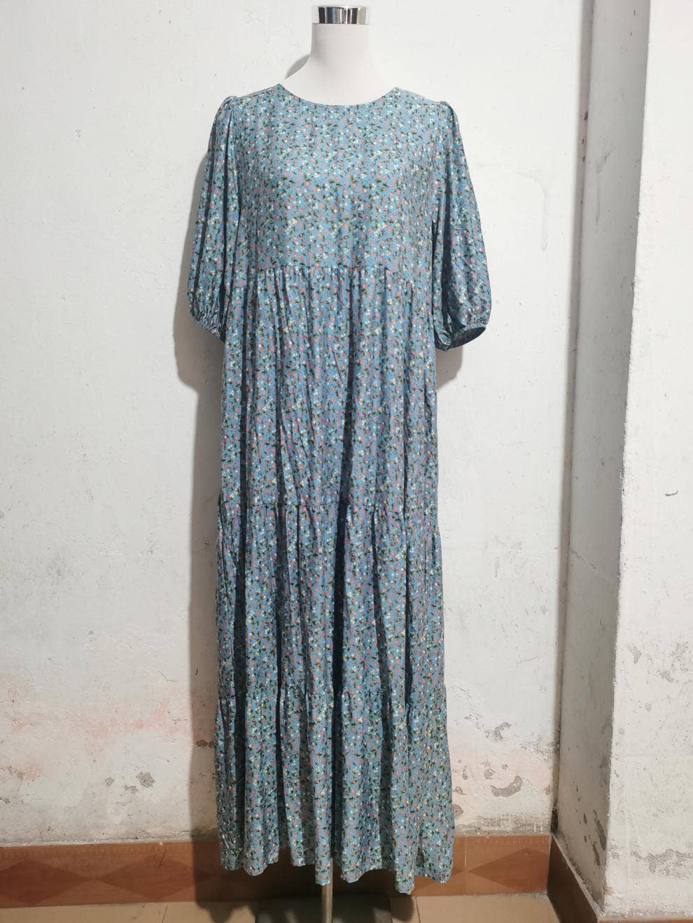 Puffy sleeve crew neck floral print long dress