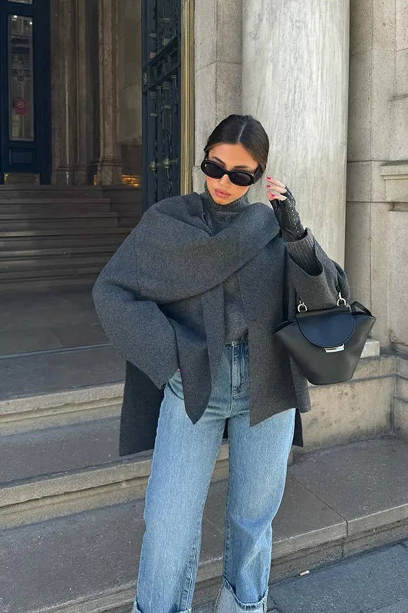 CWOCO1073_SCARF COLLAR LONG SLEEVE LOOSE CASUAL COAT