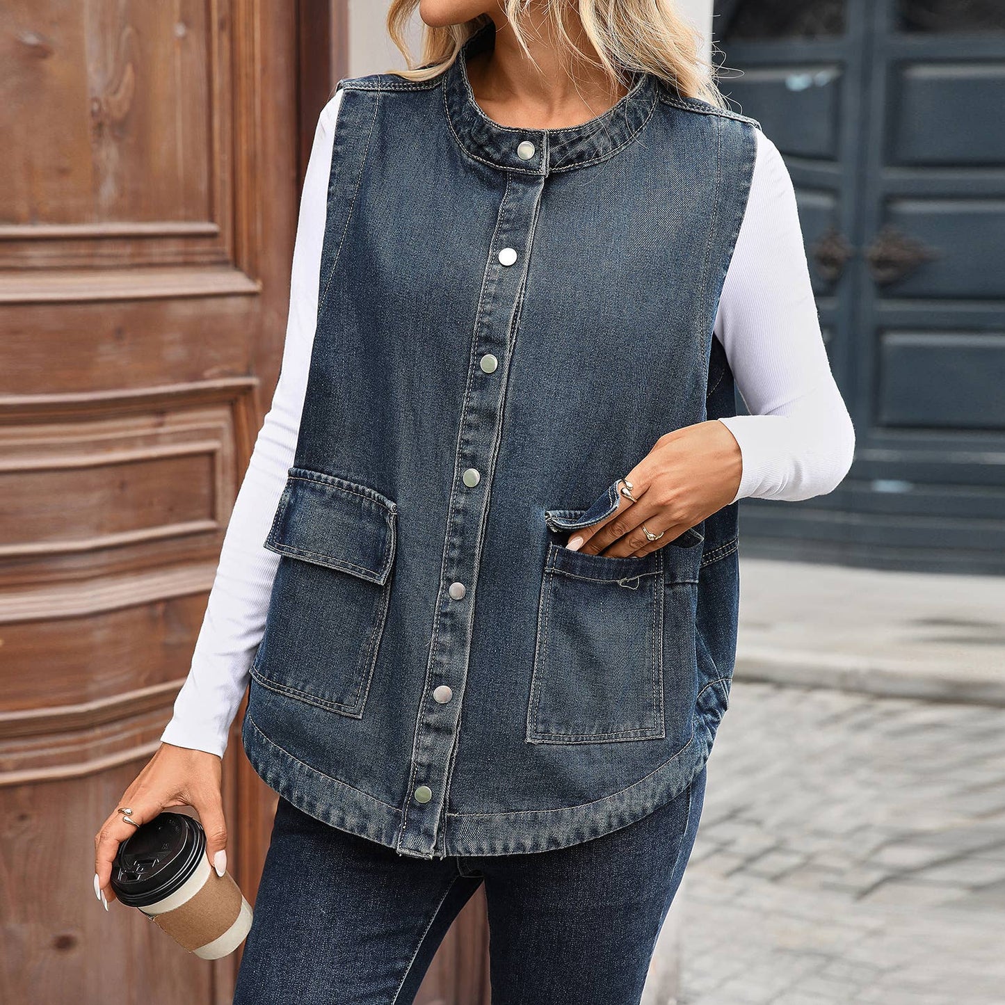 Washed casual loose denim vest jacket