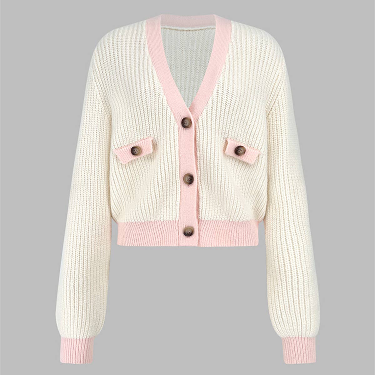 V-NECK FAKE POCKET SWEATER SOLID COLOR CARDIGAN