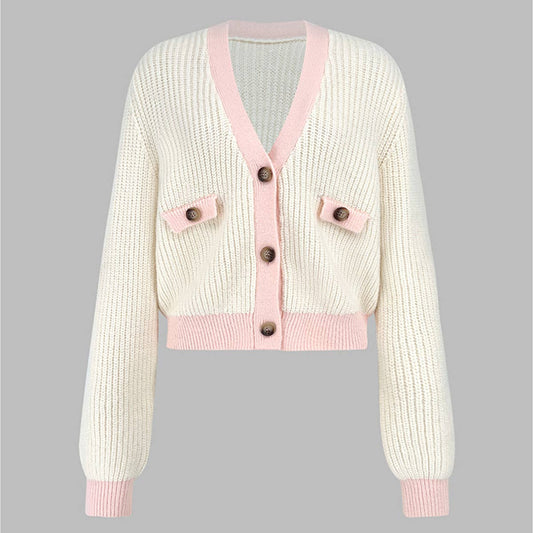 V-NECK FAKE POCKET SWEATER SOLID COLOR CARDIGAN