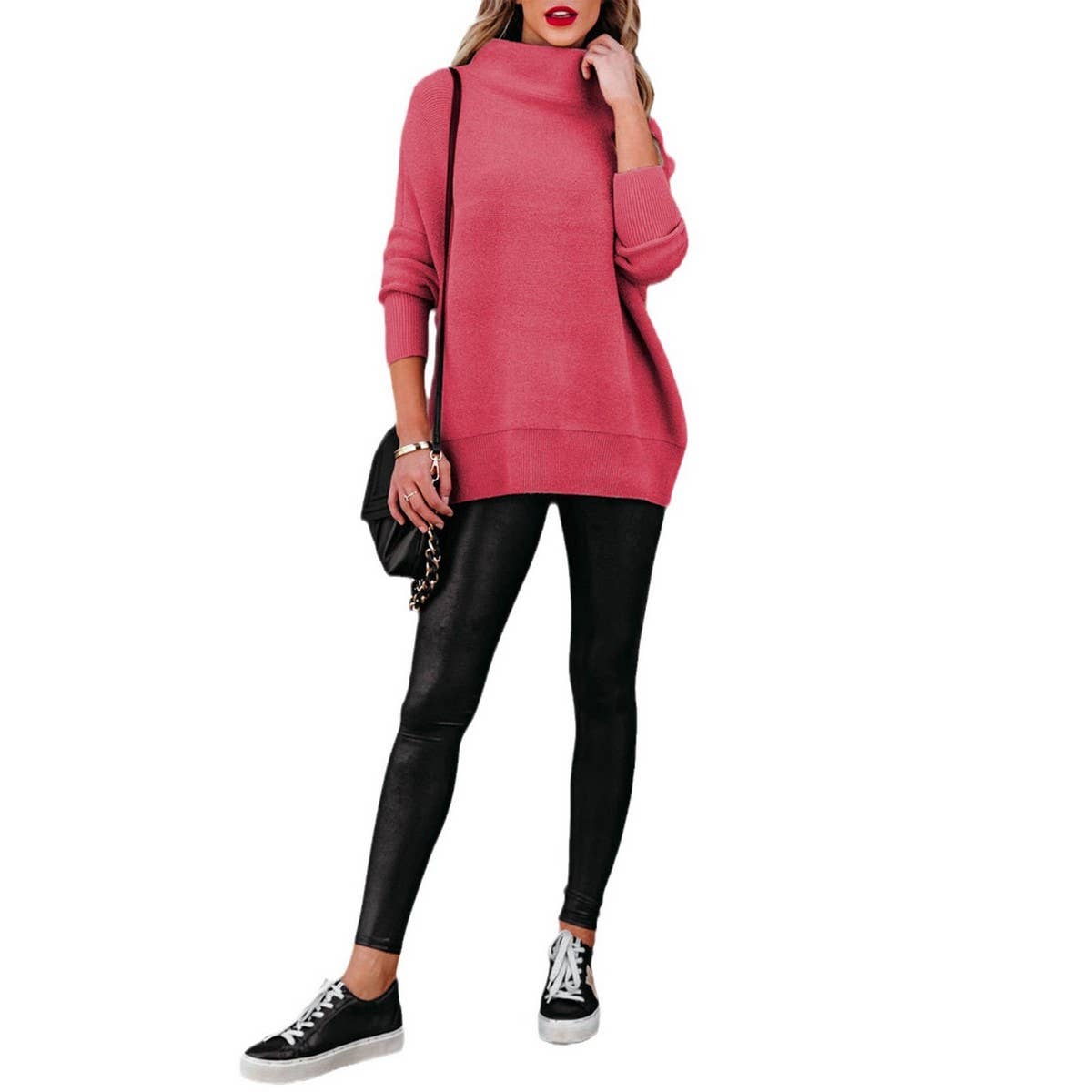 Line neck pullover style commuter loose sweater