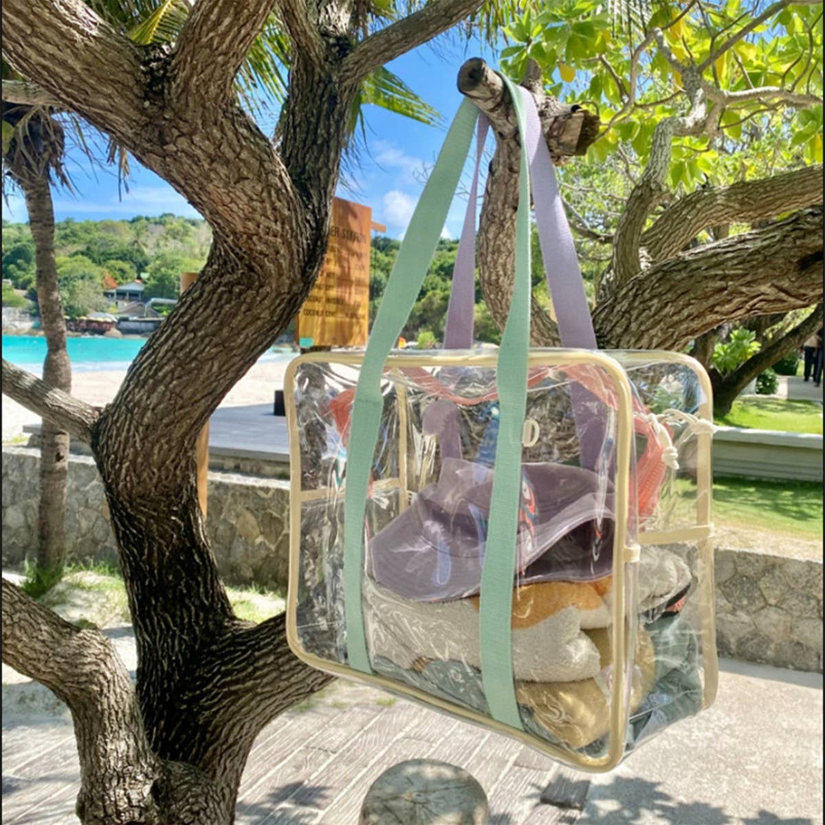 TRANSPARENT BEACH BAG WITH COLORFUL SHOULDER STRAPS_CWAB1923