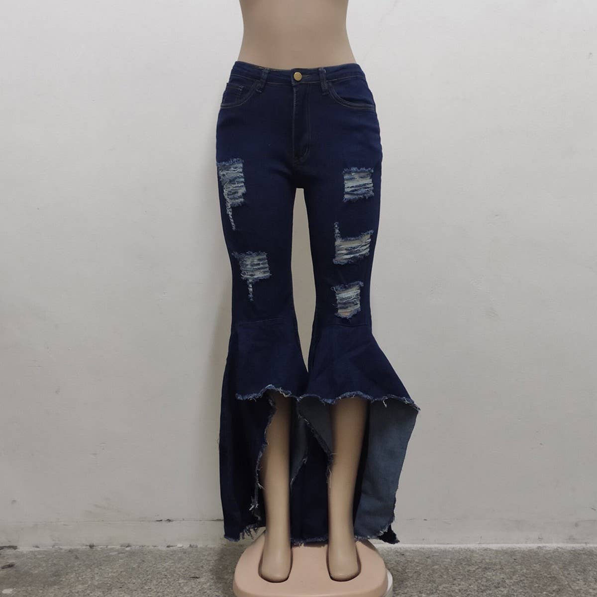 HOLE WASHED DENIM BELL BOTTOMS WIDE LEG PANTS_CWJP0086