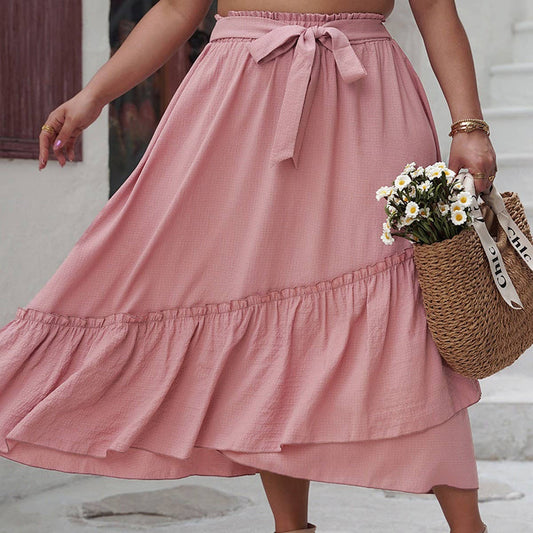 PLUS-SIZE CASUAL LACEUP PATCHWORK WRINKLE SKIRT_CWBMS0097