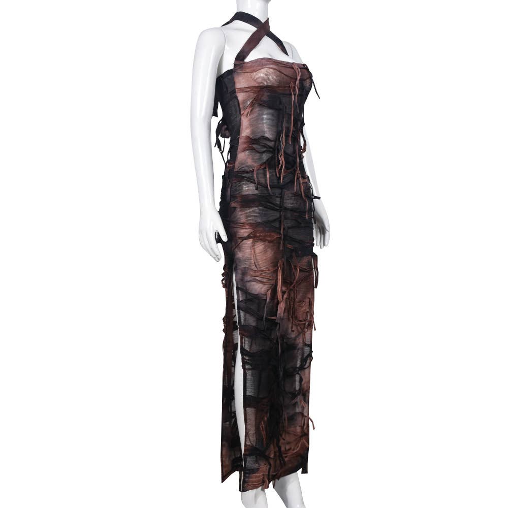 SEXY TIE-DYE FRINGE BEGGAR DRESS WITH SLIT