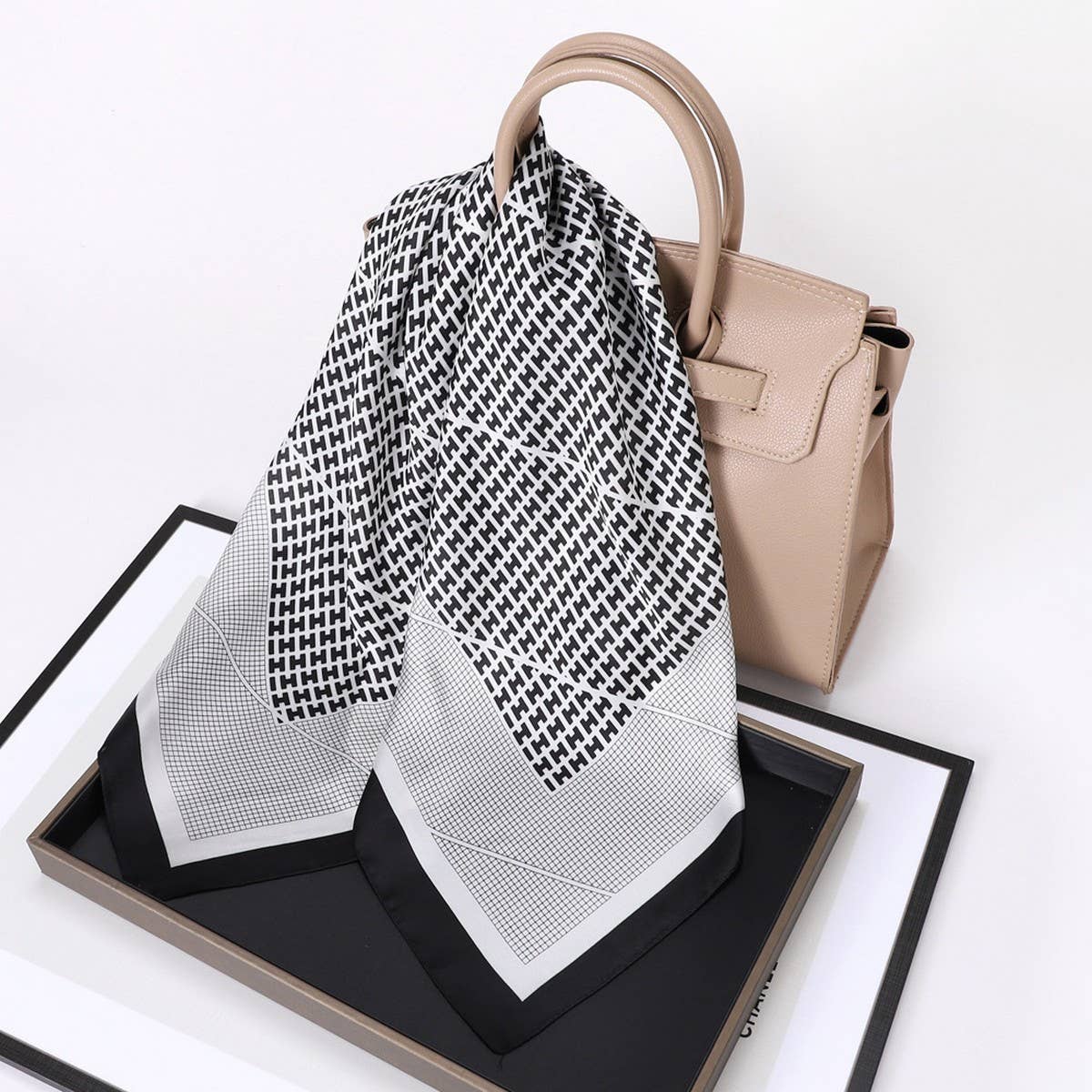 Vintage Letter Print Satin Square Scarf for Women