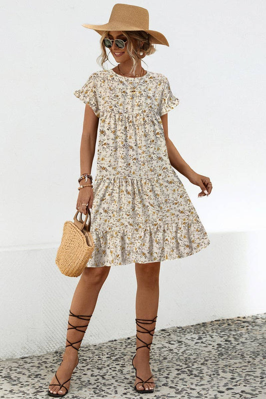 CWDSD4946_ROUND NECK FLORAL RUFFLE SLEEVE DRESS