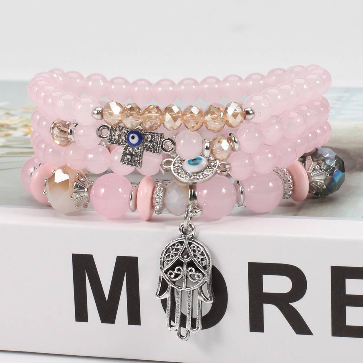 CWMM10447_BOHO HAND EYE CROSS CHARM BEADED BRACELET