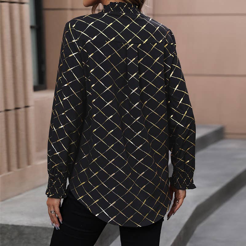 STAND COLLAR V-NECK GOLD STRIPED PULLOVER SHIRT